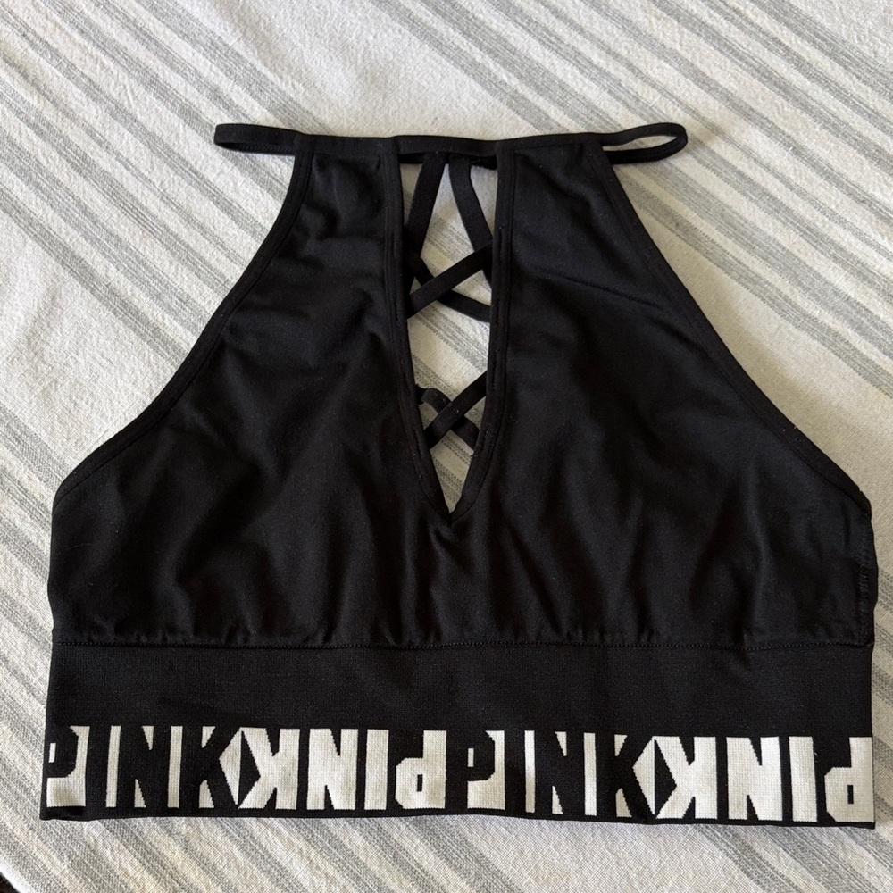 PINK Victoria's Secret Black Lace-Up Halter Sports Bra